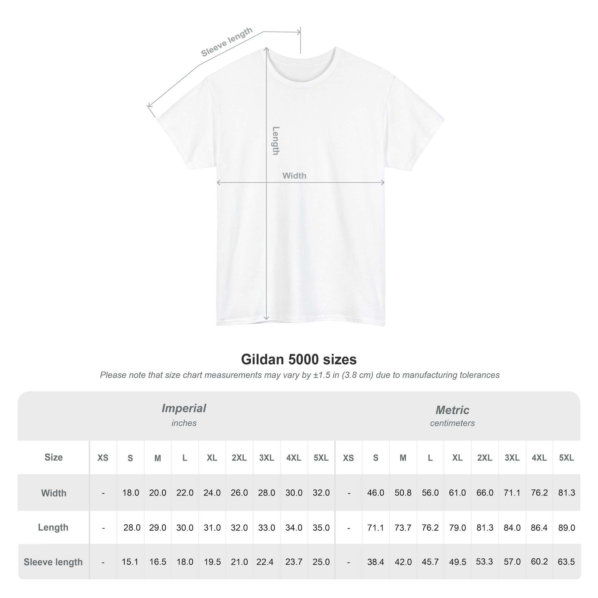 Kings Painting Co. Logo T‑Shirt (Pocket Logo & Back Graphic) on Gildan Ultra Cotton (G5000) with sleeve length, length, and width measurements. Below is a size chart for Gildan Ultra Cotton G5000, showing dimensions in inches and centimeters for sizes XS to 5XL.
